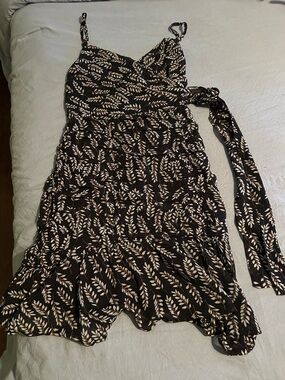 Papaya Black and Cream Leaf-Print Wrap Midi Dress